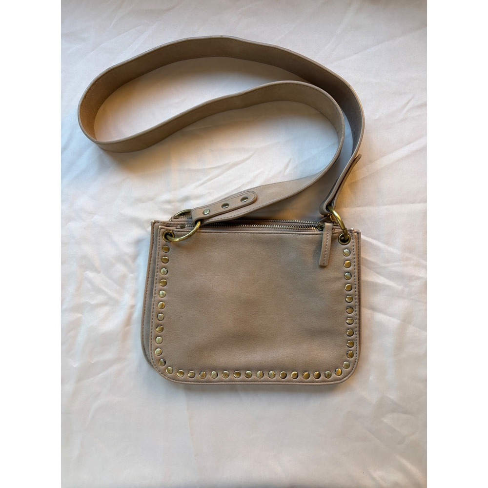 Anthropologie Taupe Studded Crossbody Bag Triple Zip Vegan Leather Beige